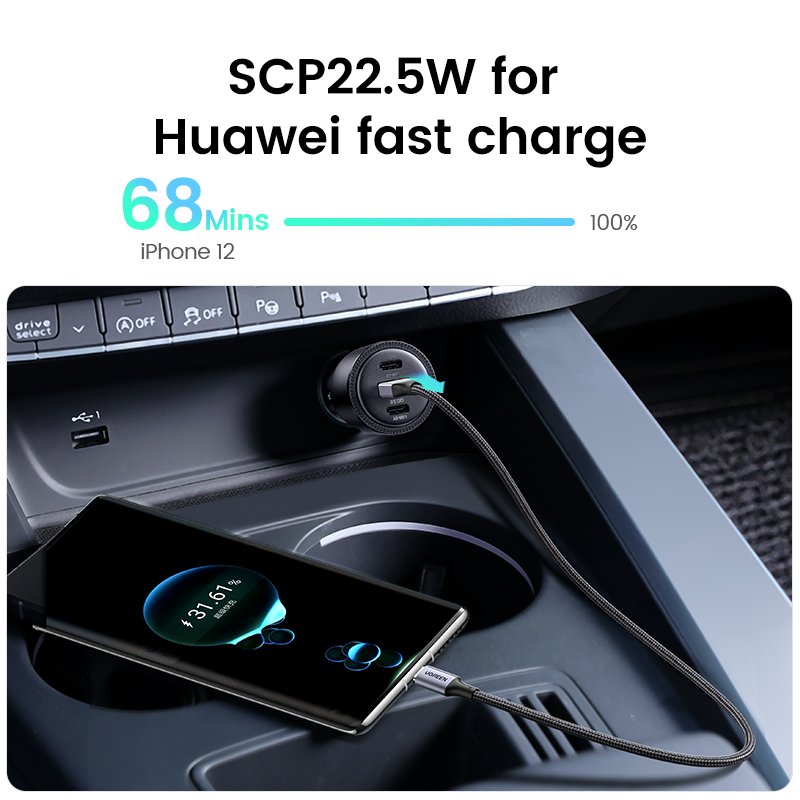 UGREEN 69W Car Charger USB Type C Dual Port PD QC Fast Charging For Laptop Car Phone Charger For iPhone 13 12 Pro Samsung Xiaomi