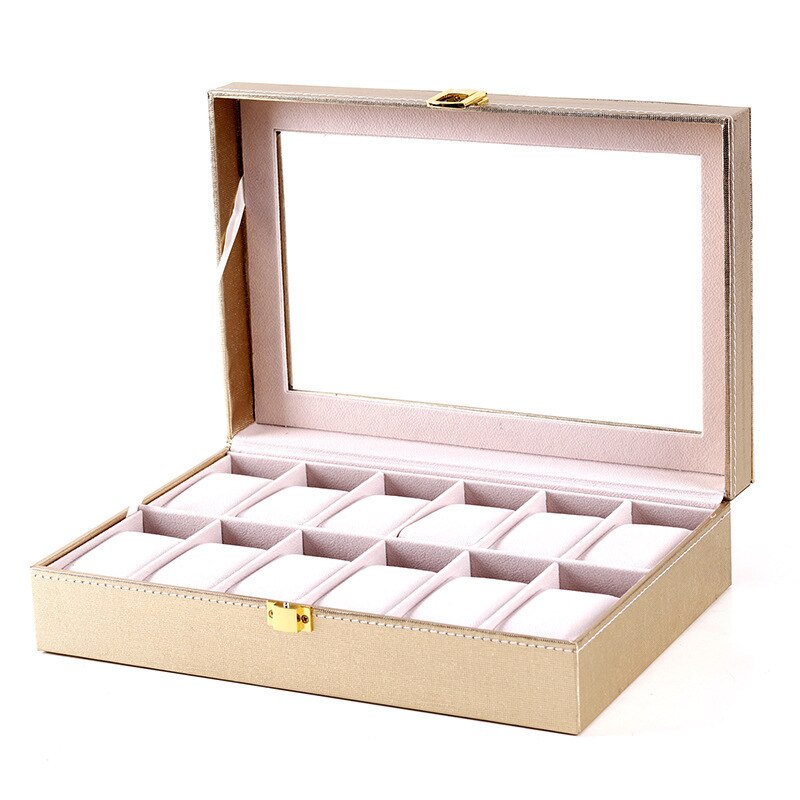 Caja de almacenamiento de relojes de pulsera para mujer, estuche especial de cuero PU rosa, para guardar joyas: gold 12 slots