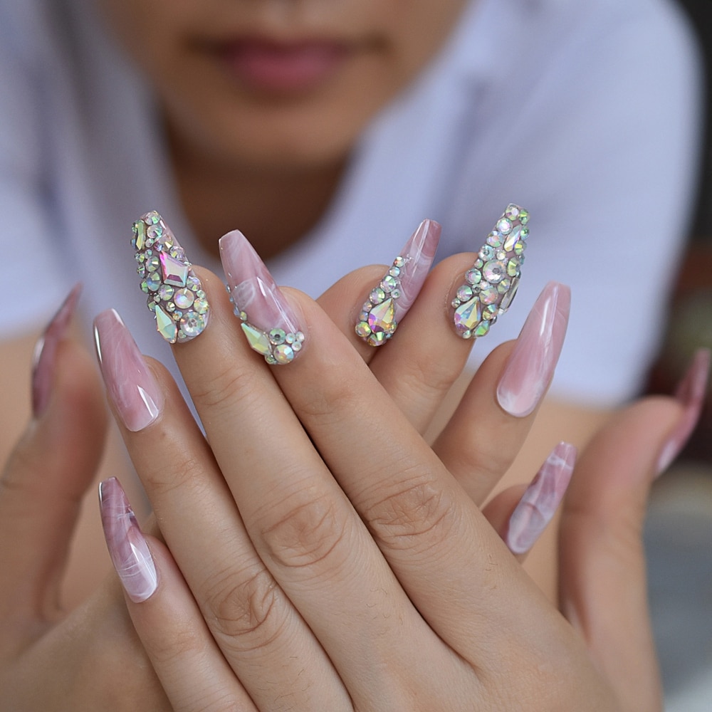 Faux Ongles en marbre, pré-conçus, pré-conçus, Ongles de luxe Extra longs en forme de cercueil, accessoires de décoration pour fêtes et mariage