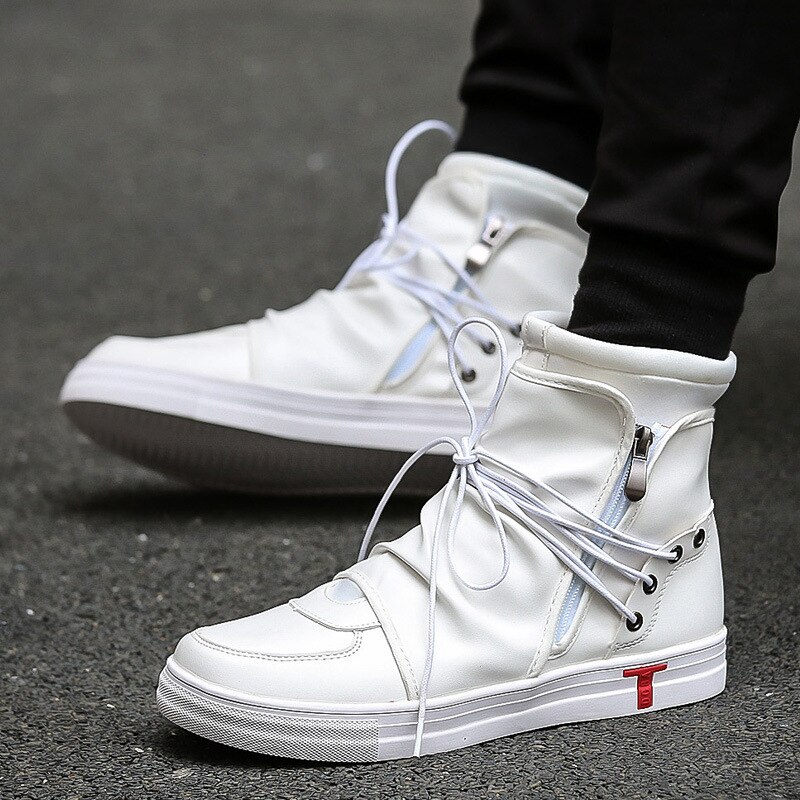 Taniec Hip Hop mężczyźni miękkie skórzane białe buty moda wysokie góry mężczyźni obuwie oddychające krzyż wiązane zachodnie buty czarne
