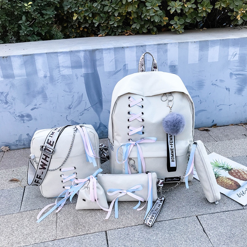 Catena di Borsa di Tela Femminile Del Sacchetto di Libro Zaino 5 Pz/set di Scuola Borsa da Viaggio Zaino Pacchetto di Modo Della Nappa Delle Donne Adolescenti Adolescenti Ragazza 2019: lace-up white  sets