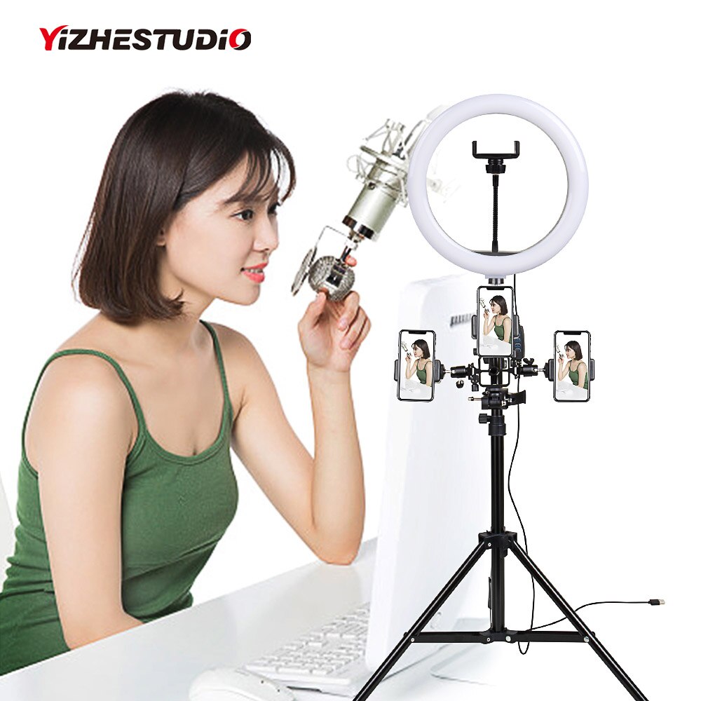 Yizhestudio Muti-funcation 10in 26cm LED Selfie Ring Licht Fotografie Video live Make Lamp met Camera Telefoon houder