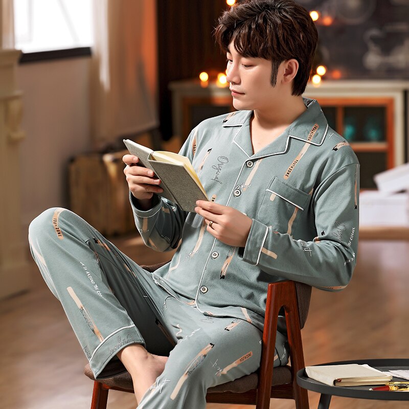 Inverno Homens primavera Outono 100% Algodão Conjuntos de Pijamas do Sono Top & Calças de Pijama Masculino Roupas Casuais Casa Sleepwear