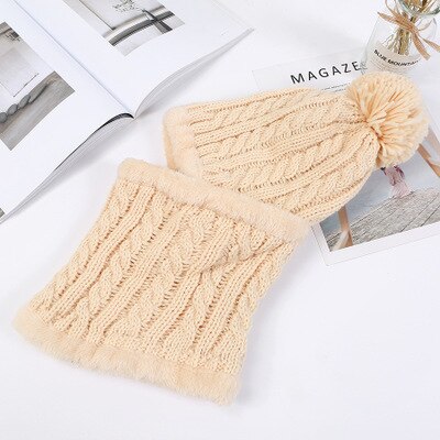 Fleecefodrad varm mössa dam stickad mössa vintermössa scarfset vintermössor för dam skullies mössor huva: Beige