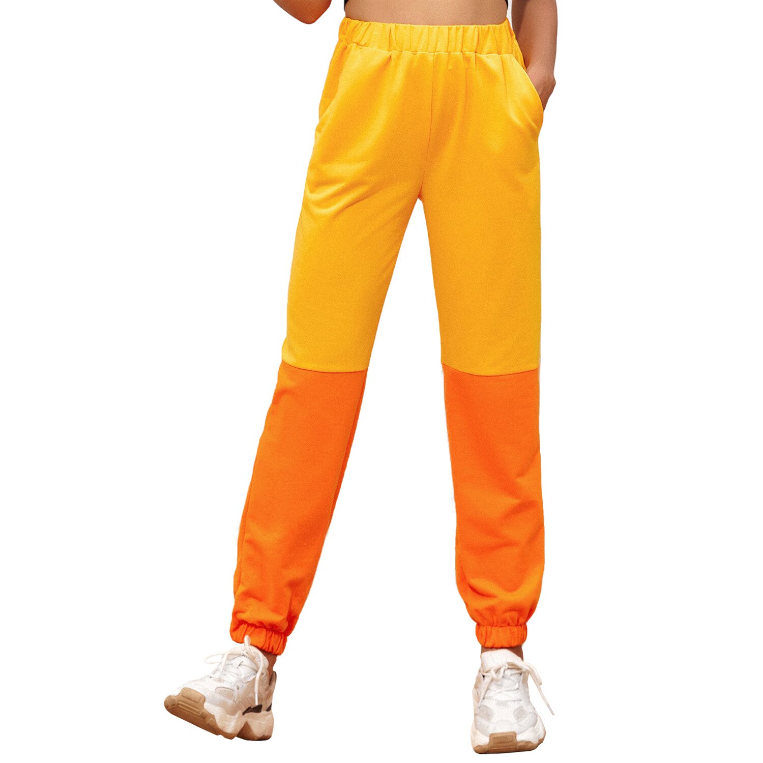 Kvinders jogging fulde bukser høj elastisk talje abstrakt farve patchwork streetwear bukser afslappet løs sportsbukser: S