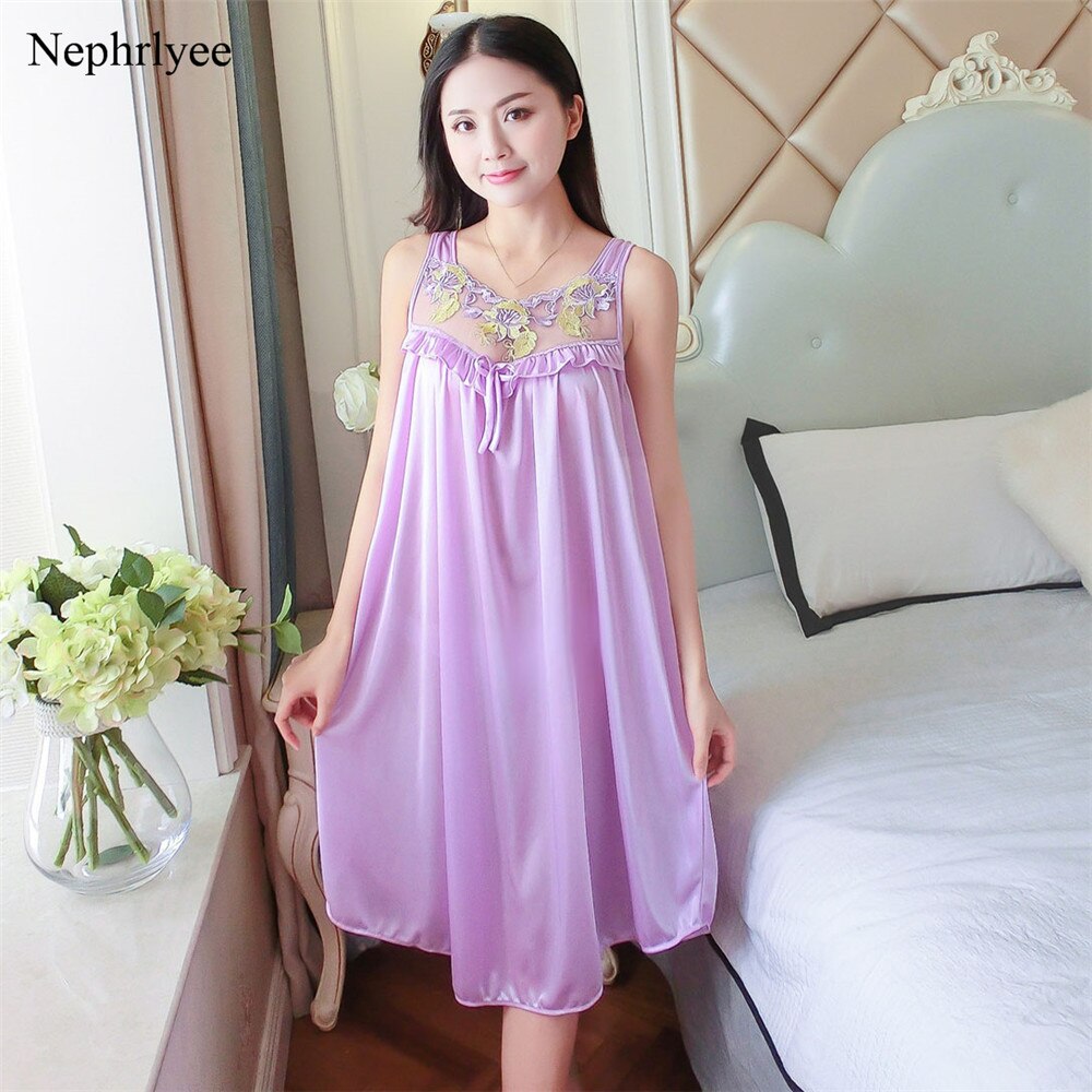 Summer Night Dress For Women Night Gowns Sleepwear Nightwear Embroidery Nightgown Women Loose Homewear SLP150: Light Purple