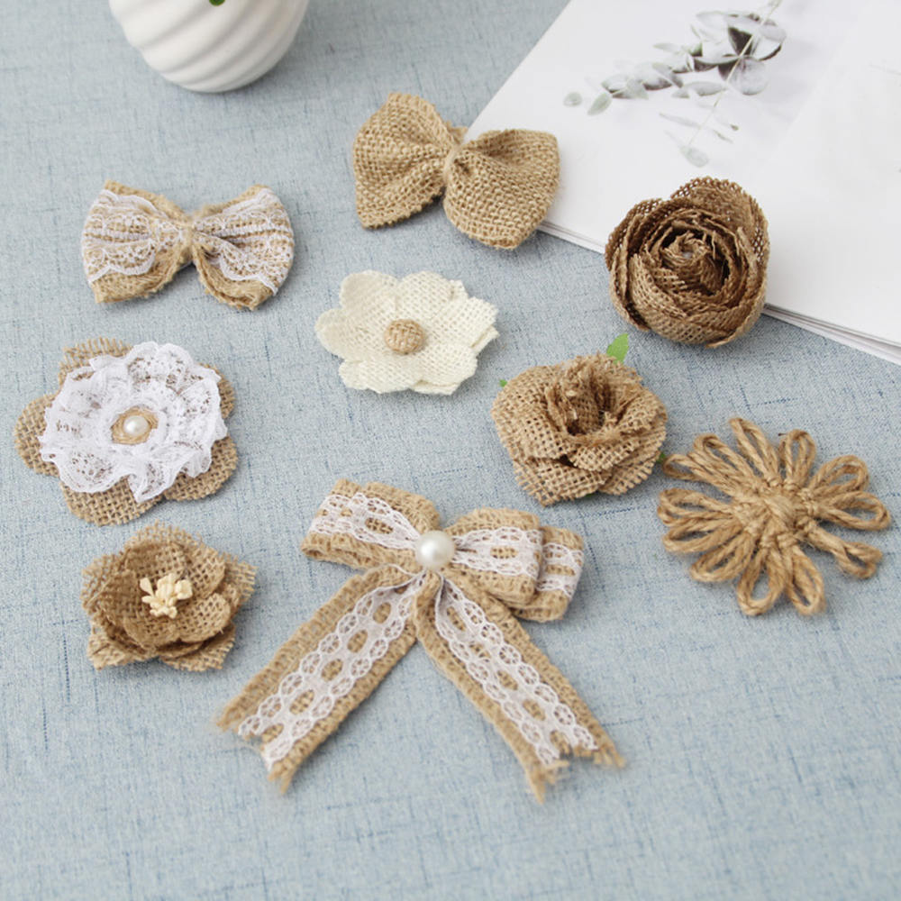 9 piezas hechas a mano de yute arpillera flor DIY Ropa Accesorios Vintage boda suministros flor decoración