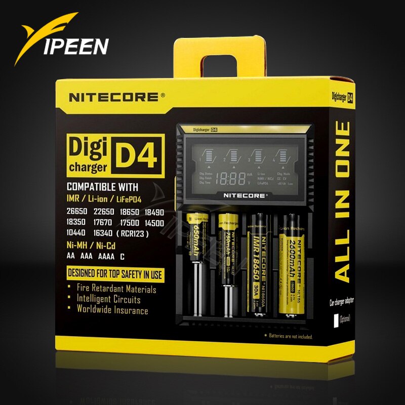 100% cargador de batería Original Nitecore D4 cargador inteligente LCD Li-ion 18650 14500 17670 18490 17500 AAA 12V cargador de batería: D4 / AU