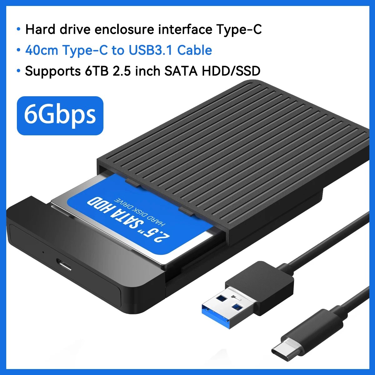 2,5 HDD/SSD-Gehäuse SATA auf USB 3.1/3.0 Adaptergehäuse 6 Gbit/s HD Externe Festplattengehäuse Box für Festplatte HDD Typ USB-C-Gehäuse: Silber