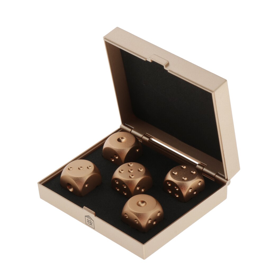 5 Pieces Alloy Six Sided 16mm 0.63" Standard Dice Die Metal Golden with Box Set