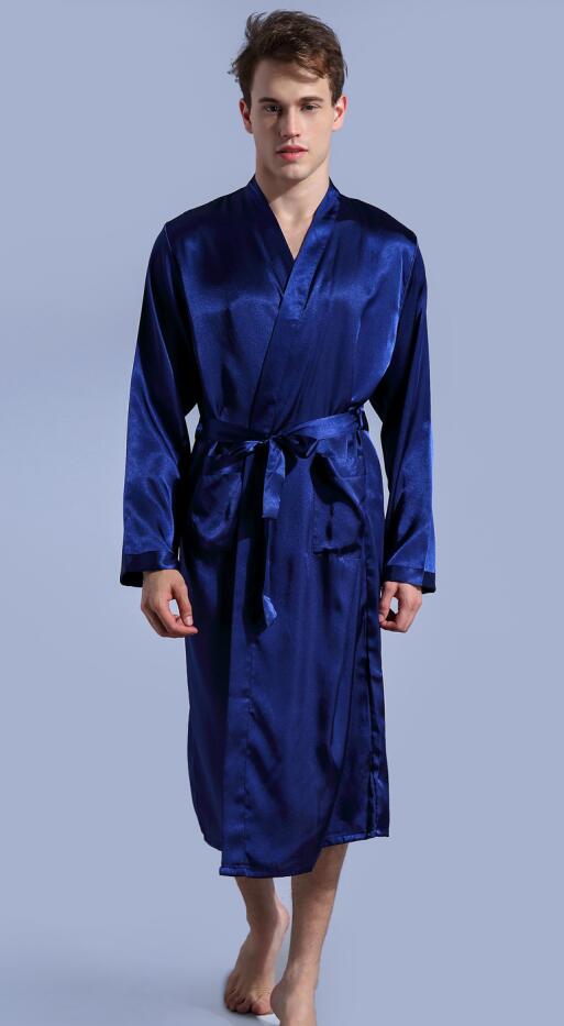 Hvit ensfarget langermet kinesisk herre rayon-kåpe kjole mannlig kimono badekåpe nattøy nattøy pyjamas sml xl xxl: Xl / Blå