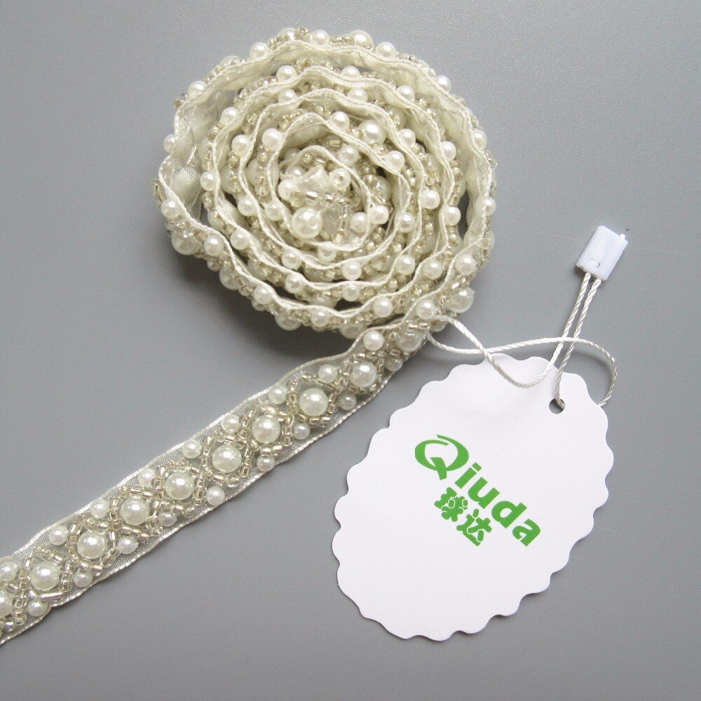 1 Yard 1.5cm Ivory Pearl Beaded Handmade Lace Trims Wedding Dress Belt Sash Ribbon Bridal Applique Fabric Sewing Craft DIY