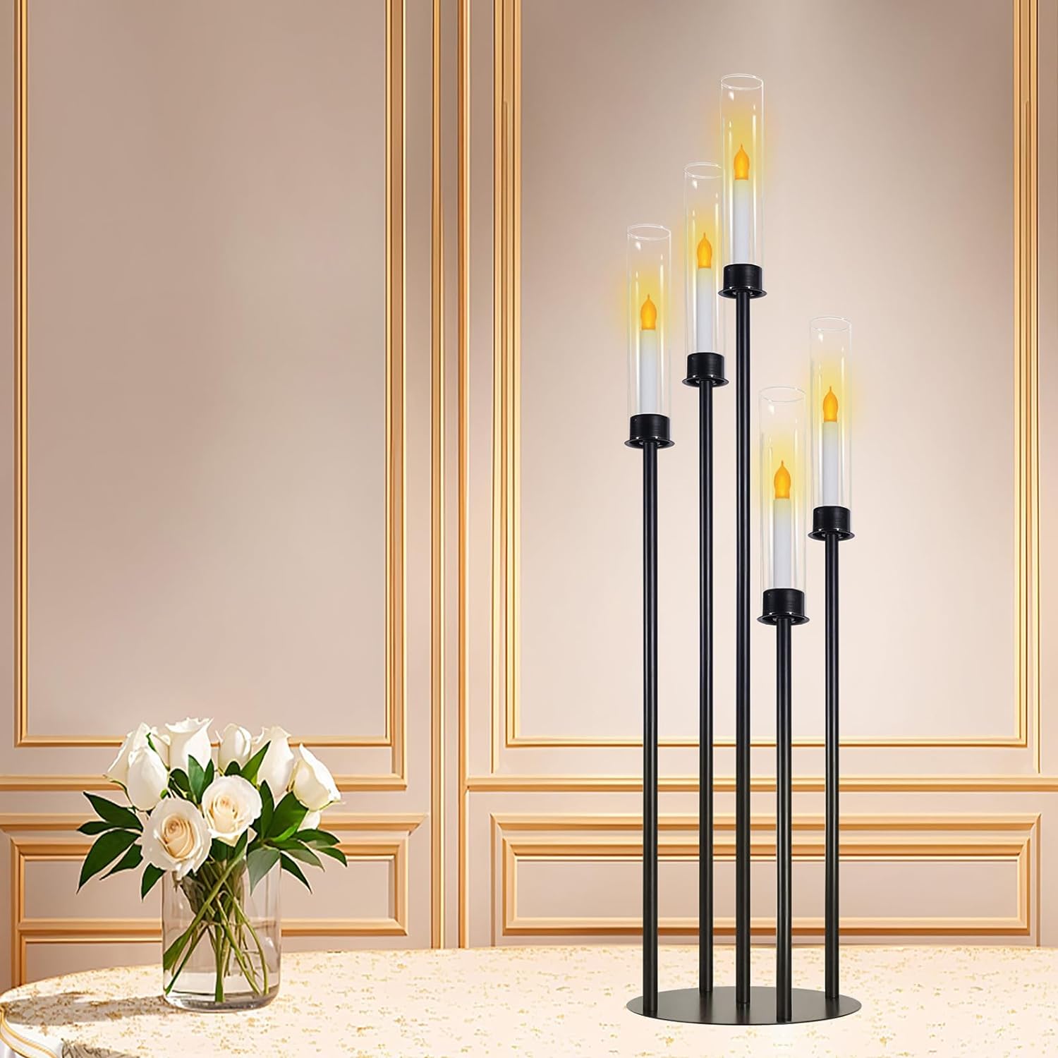 Black Candle Holder with Acrylic Cylinder for LED Candles 5-Head Metal Candle Holder Wedding Centerpiece Ceremony