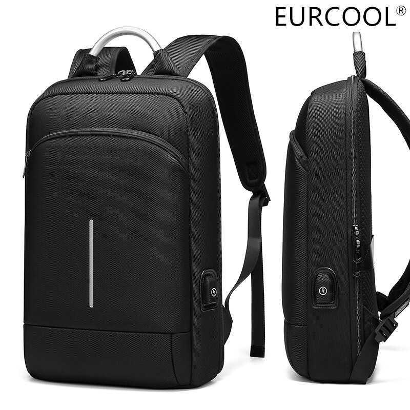 Eurcool Dunne Zakelijke Laptop Backpack15.6-Inch Kantoor Werk Mannen Rugzak Unisex Zwarte Slanke Rugzak Super Licht Pakket