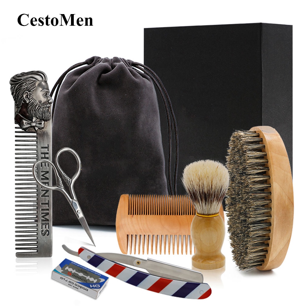 CestoMen Luxury Travel Beard Kit Men's Shaving Grooming Beard Set With Bag Box Mustache Massage Brush Comb Beard Care Set