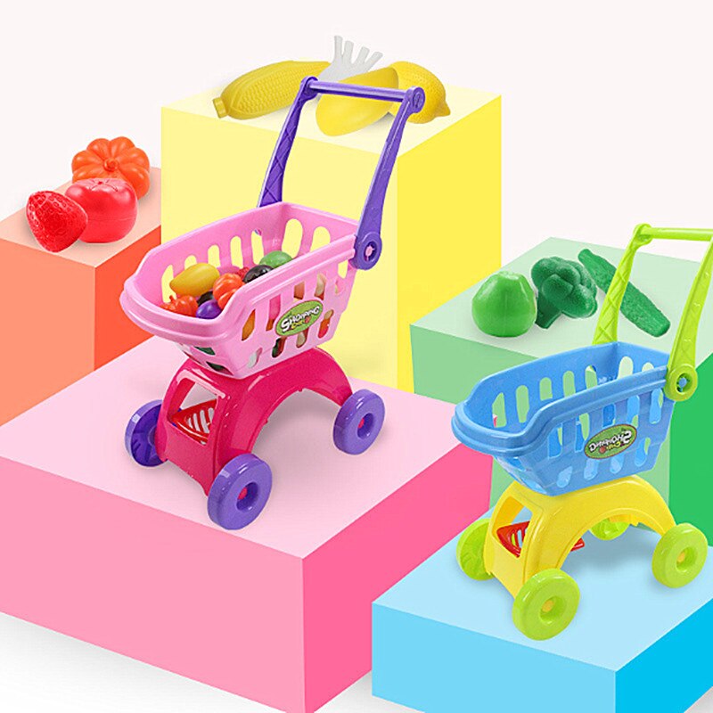 25Pcs Kids Shopping Cart Toy Supermarket Trolley Groceries Cart Play House Kitchen Toy Set Simulation Fruit and Vegetable Toys