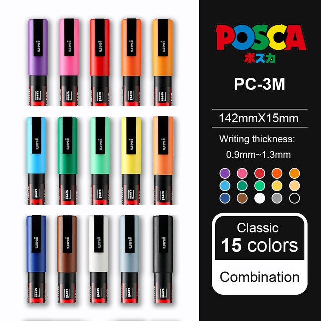 Uni POSCA PC-1M / 3M / 5M Pop Poster Werbung Stift auf wasserbasis Marker Stift Anfänger Malerei färbung Spezielle Marker Kuli-einstellen: PC-3M 15Farben
