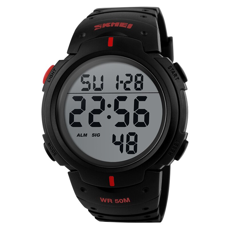 Skmei utendørs sportsklokke herre stor urskive enkle klokker kalender pu stropp 5 bar vanntett digital klokke reloj hombre 1068: Rød