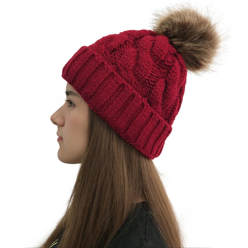Las mujeres Casual gorrito de punto de ganchillo Cap costura resistente al aire libre bola de peluche de sombreros sombrero de mujer, gorro Ushanka hiver женские шапки зимние: E