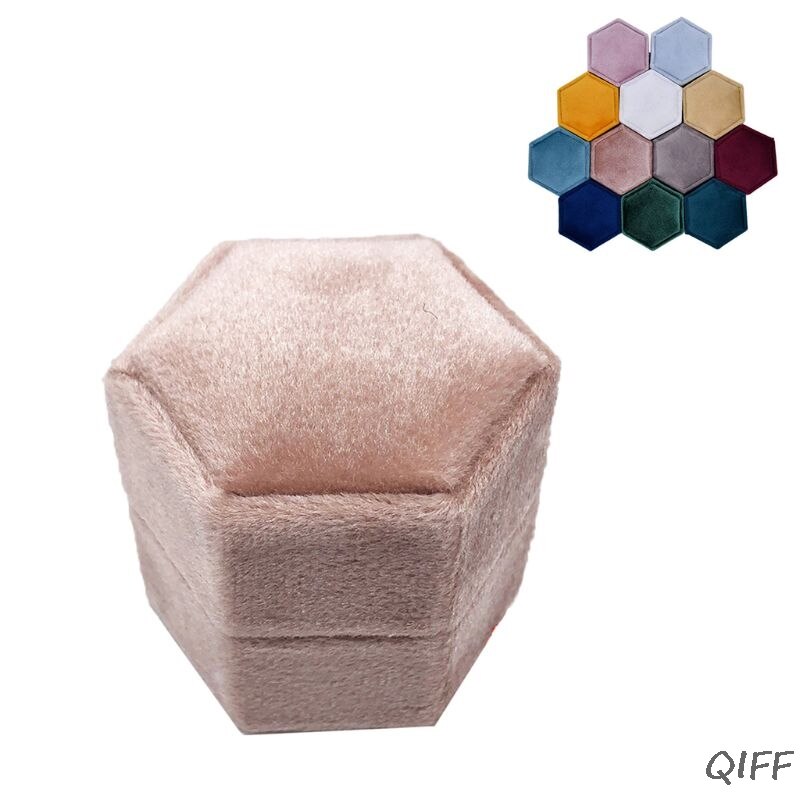 Velvet Double Ring Box Hexagon Wedding Ceremony Ring Box for proposal, engagement, wedding with Detachable Lid: F
