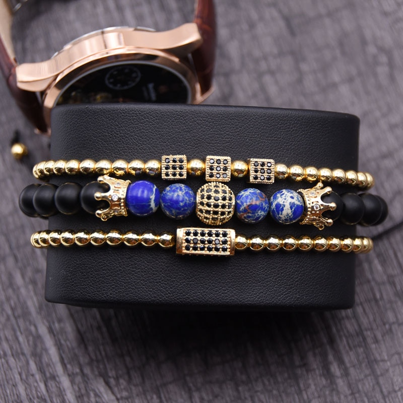 Golden Cz Bal & Crown Mannen Armbanden 8Mm Black Lucky Stone Kralen Armband Voor Vrouwen Mannen