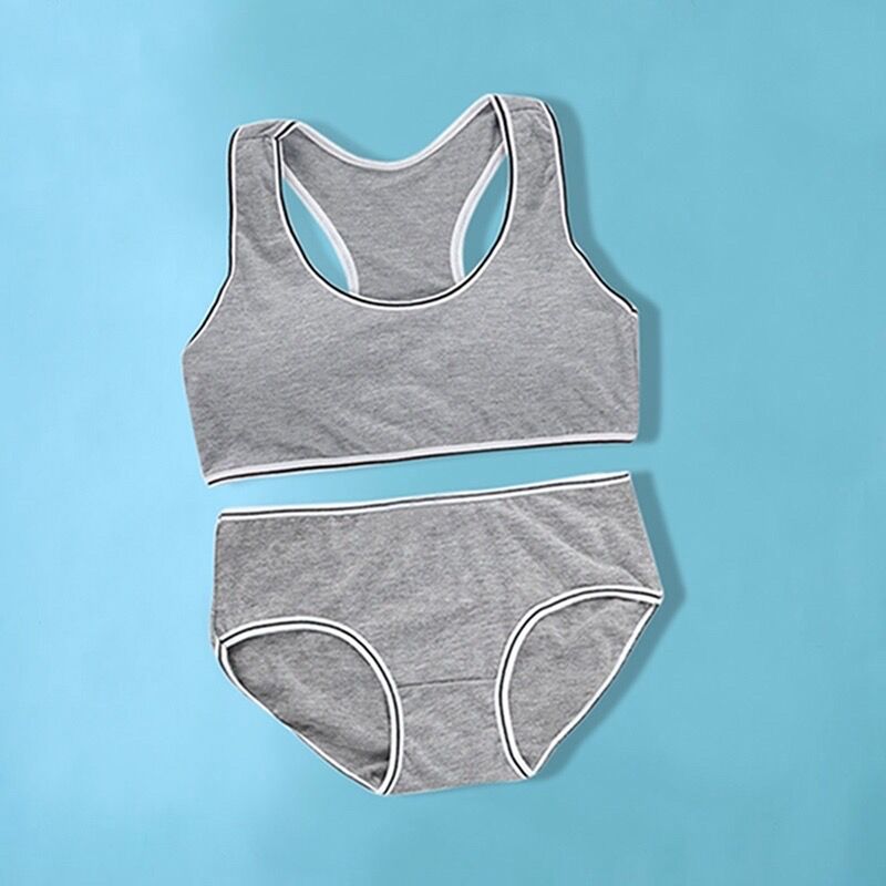 Young Girls Bra Teens Girl Underwear Puberty Student Sriped Training Bra Underwear Set: GRAY