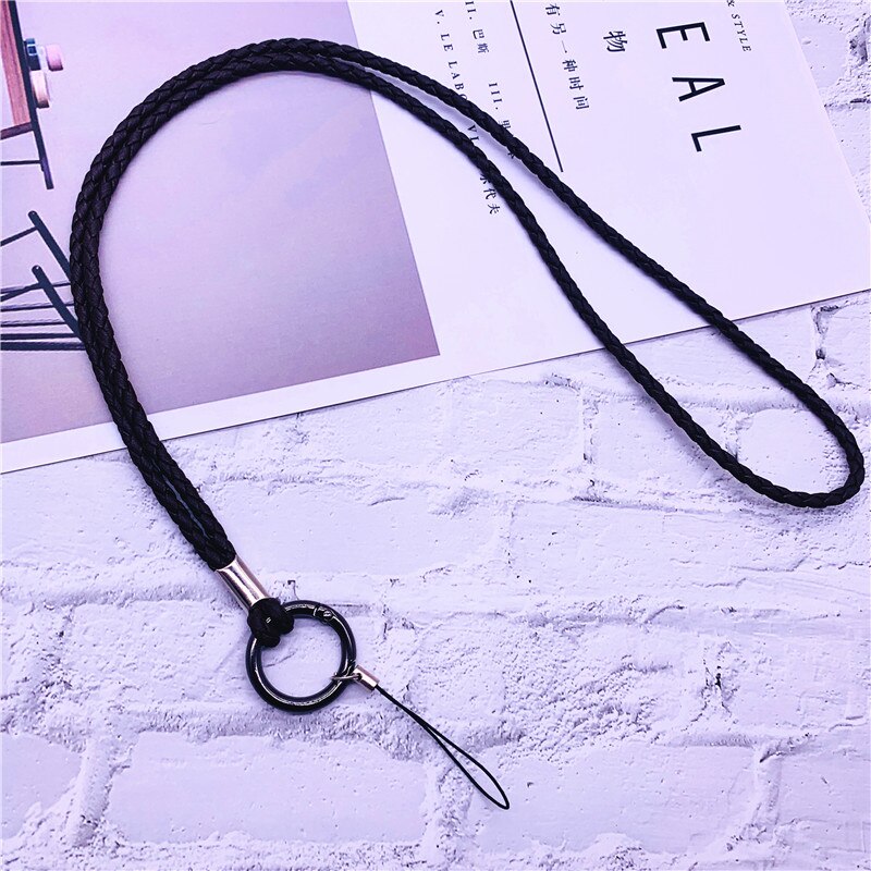 PU Leather Keychain Lanyard Soft woven Rope Mobile Phone Neck Strap Lanyards for ID Card key chain USB badge holder DIY Lariat: black