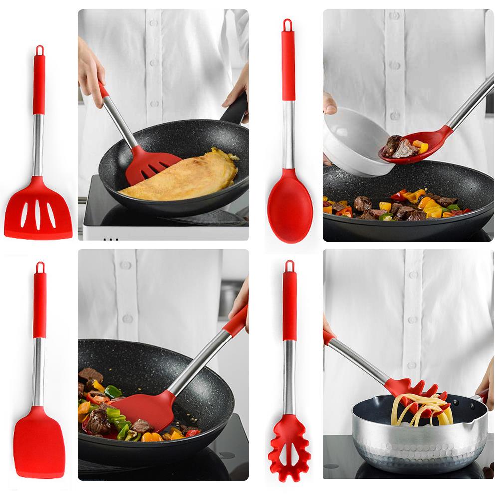 Práctico pala de fugas, cuchara roja de alimentaria, cuchara batidora de huevos, juego de utensilios de cocina negro 14 uds, utensilios de cocina de alta resistencia a la temperatura