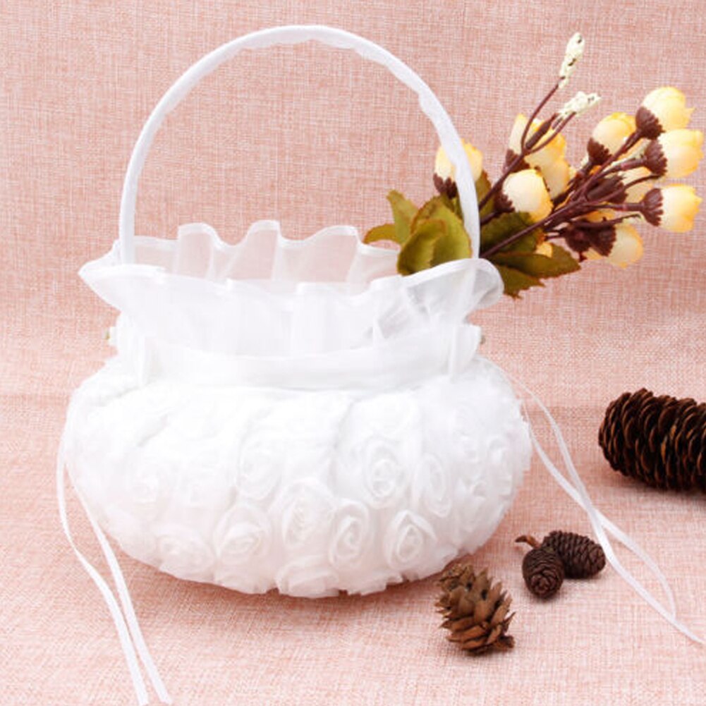 Canasta para flores boda ceremonia blanca satén encaje malla lazo floral Rhinestone perla flor cesta