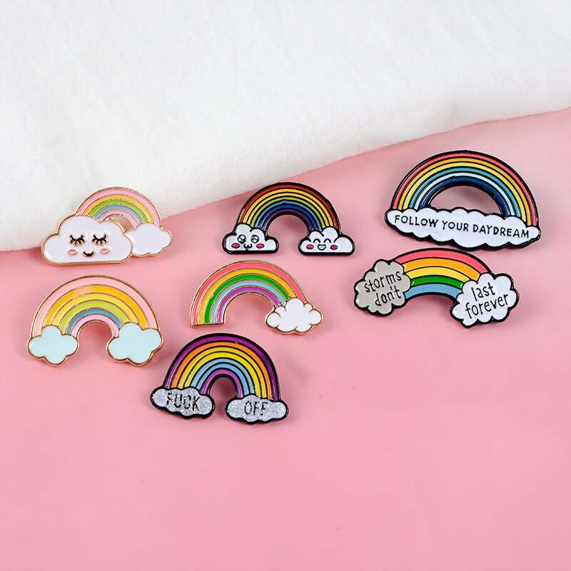 1 Stuk Leuke Cartoon Badge Regenboog Corsage Set Rainbow Cloud Geschilderd Metalen Broche Zak Jas Decoratie Broche Badge Revers Pin