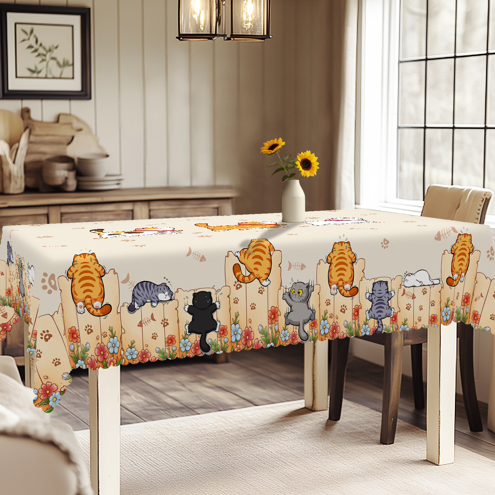 1 Piece, Cute Wall-Climbing Cat Theme Pattern Tablecloth + 4 Self-Adhesive Stickers, Floral Fence and Cat Print Pattern, Embossed Edges, Suitable for Home Kitchen, Living Room Dining Table, Balcony Coffee Table, Party Table Decoration Tablecloth, Outdoor Picnic Courtyard Decoration, Coffee Table Desktop Decoration Tablecloth Table Cover, Perfect , Spring, Summer, Autumn and Winter Decoration-M027