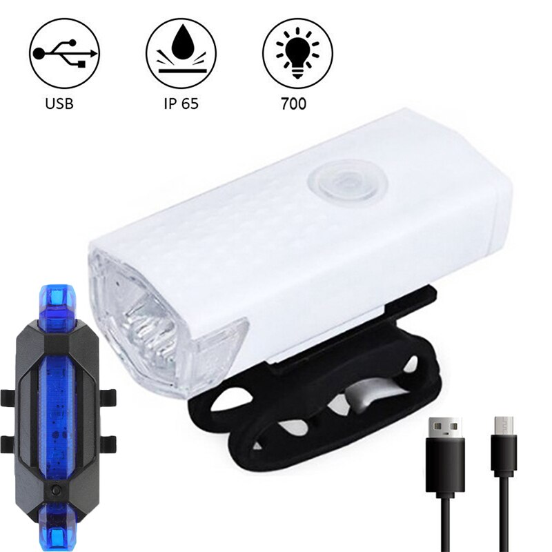 Faro delantero y trasero para bicicleta de montaña, luz LED recargable vía USB, luz de advertencia de seguridad, resistente al agua: Set D