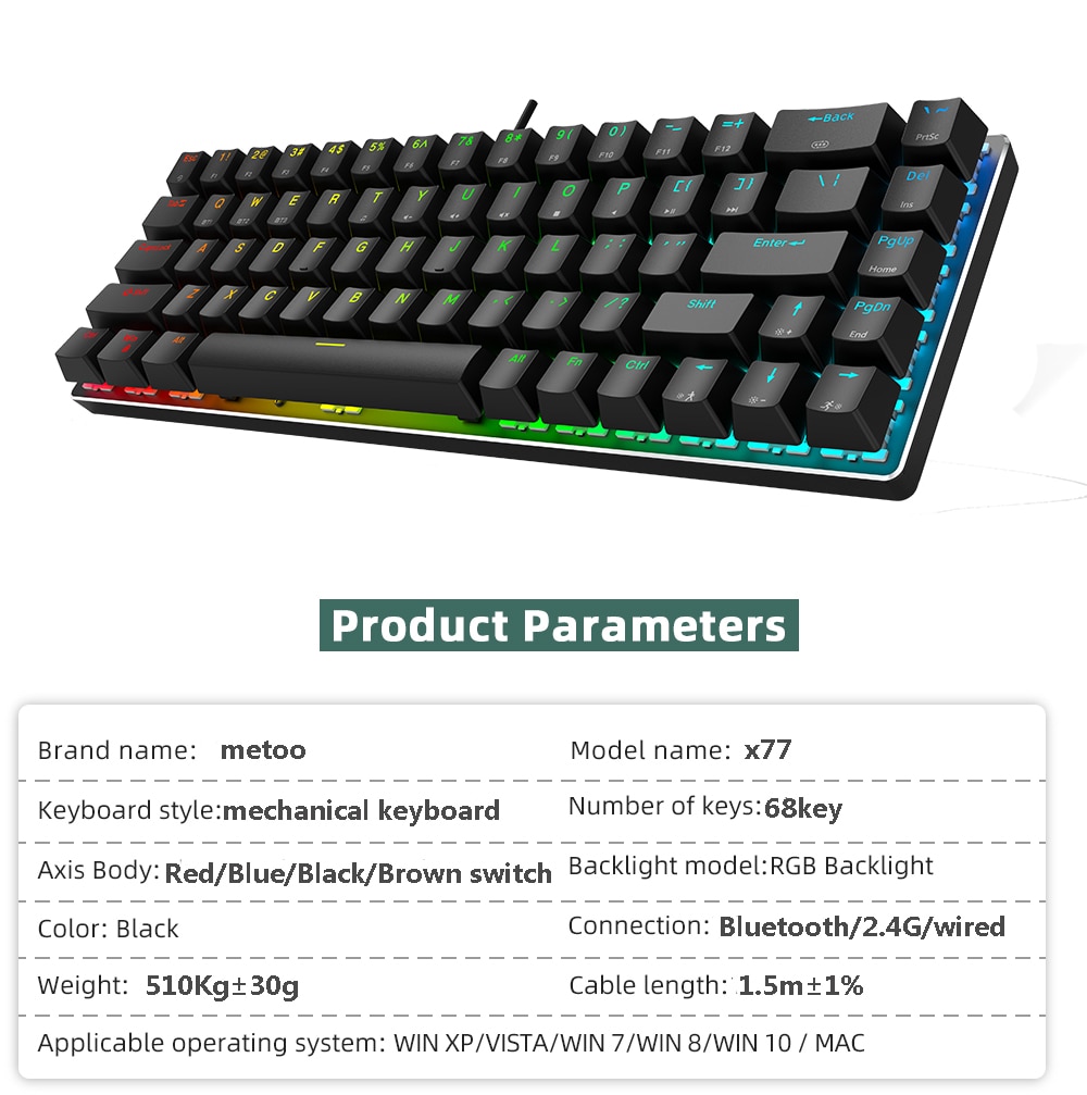 Metoo 2.4Ghz Wireless/Bluetooth/Wired Mini Portable Mechanical Keyboard RGB Backlight Gaming Keyboard for Laptop Tablet Mobile