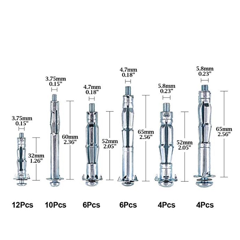 42 stuks boutenassortimentset hollewandankers schroeven voor het bevestigen van gipsplaat, gipsplaten en lambrisering aan muren en plafonds