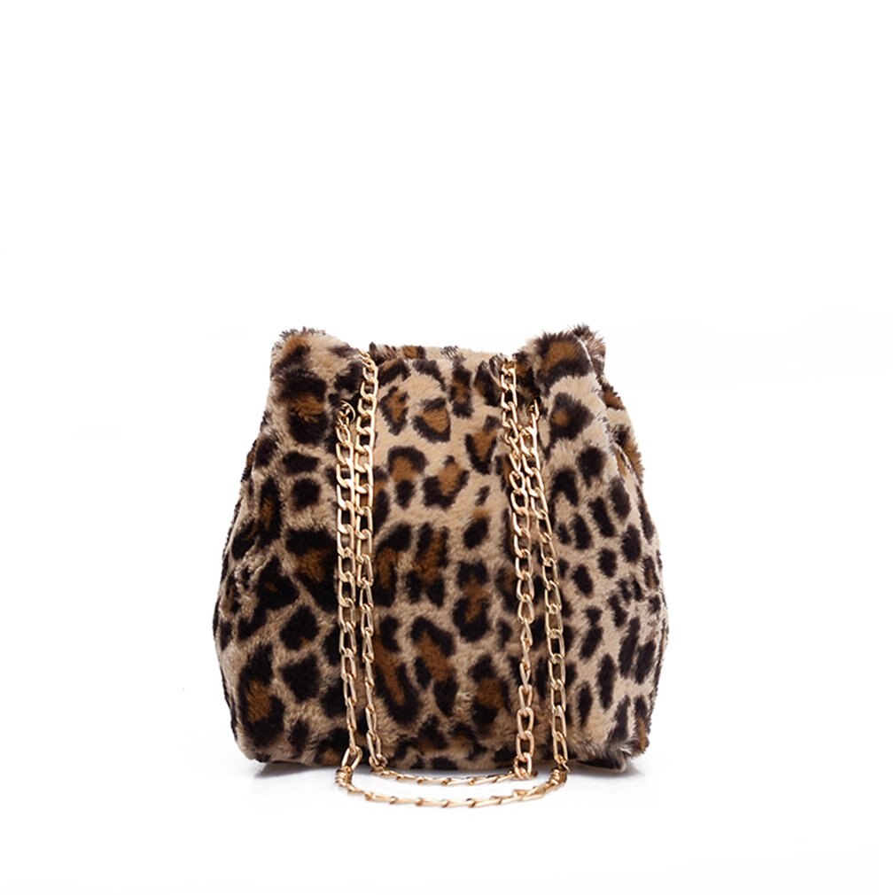Leopard Print Crossbody Bag Women Plush Soft Casual Shoulder Messenger Bag Female Shopping Handbag Chain Bucket Bag: Default Title