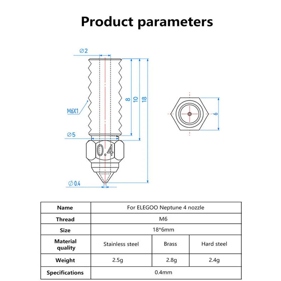 Nozzle For ELEGOO Neptune 4 Nozzle For Elegoo Neptune 4 pro Nozzles Brass Stainless Steel Hardened 0.2 0.4 0.6 0.8 1.0mm