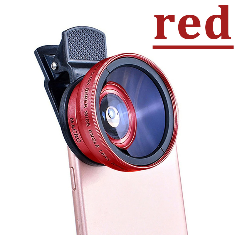 Lente 2 en 1 Clip Universal 37mm lente de teléfono móvil 0.45X 49uv súper gran angular + lente Macro HD para iPhone Android: Rojo