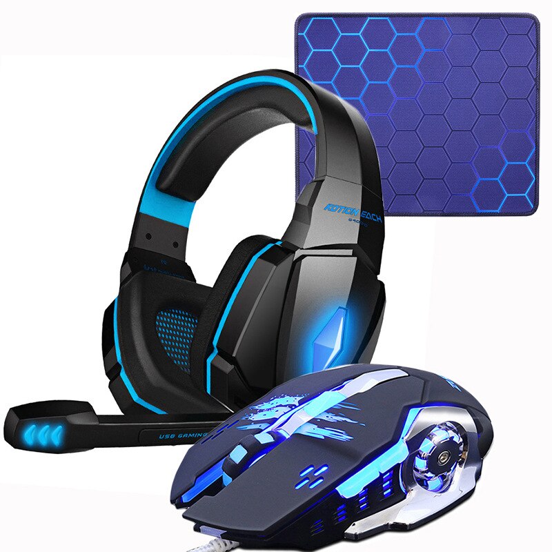 Gaming Headset Hoofdtelefoon + Wired Gaming Mouse Muizen 4000 dpi Bass stereo Gamer Oortelefoon + Gaming muismat Combinatie Voor laptop PC: G4000 blue Pad Mouse