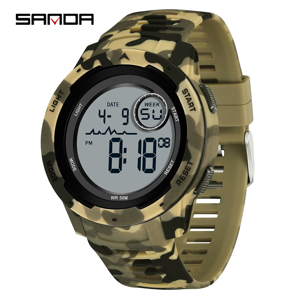 SANDA 2185 elektronische Uhr, beliebte Tarnung, Militärstil, Kühler Trend, Wecker, multifunktionale elektronische Herrenuhr: Gold