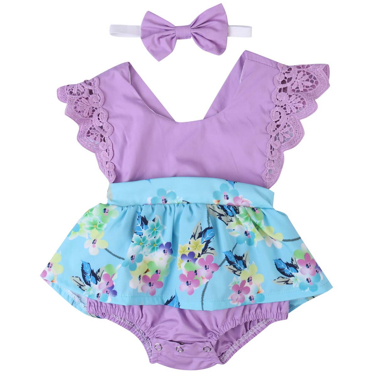 FOCUSNORM 0-24M Princess Baby Girls Boys Romper Dress Floral Print Ruffles Lace Short Sleeve Jumpsuits Headband: Purple / 18M