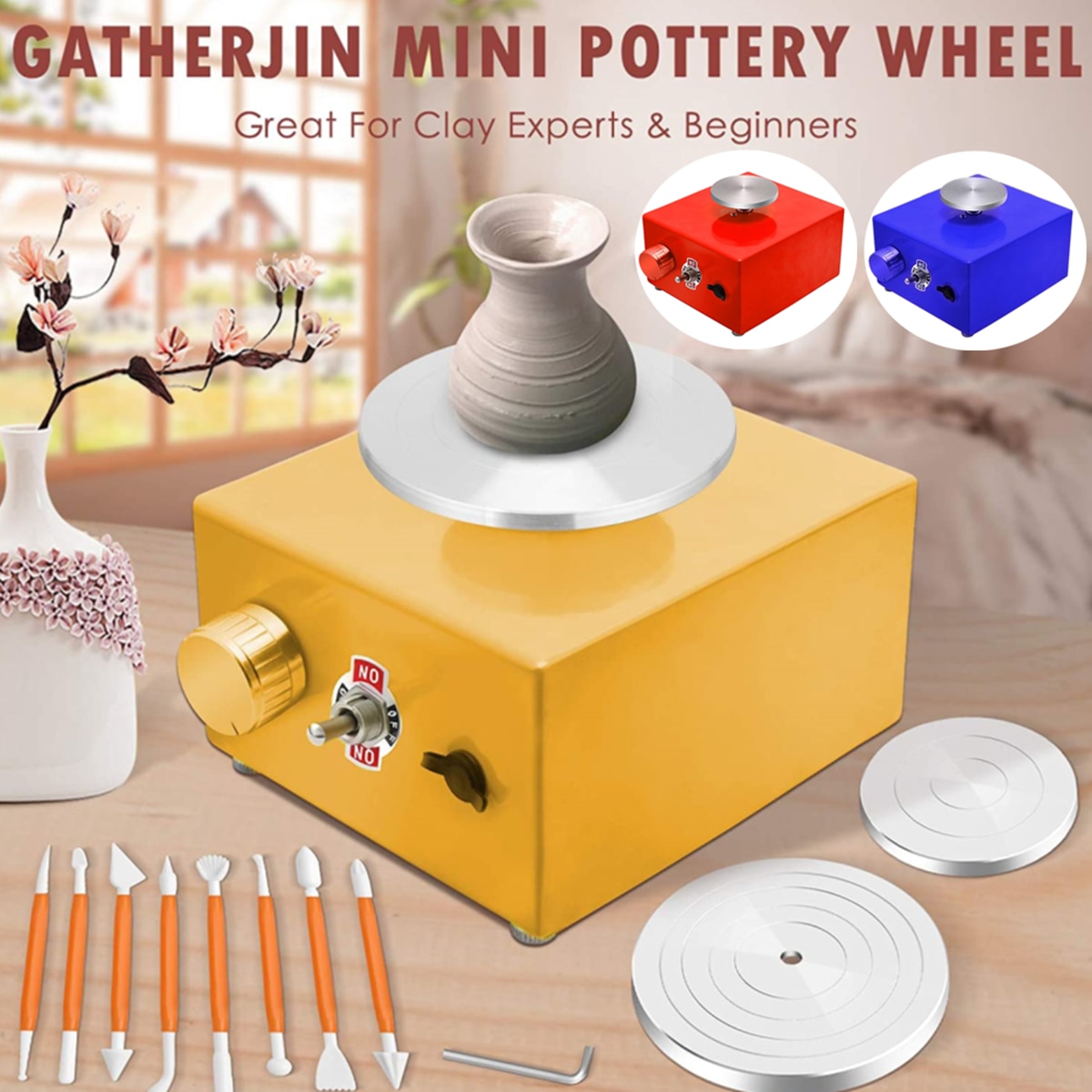 Mini máquina eléctrica de rueda de cerámica para manualidades, rueda de cerámica, herramientas de arcilla, tocadiscos con bandeja y Kit de escultura de 6,5 + 10CM