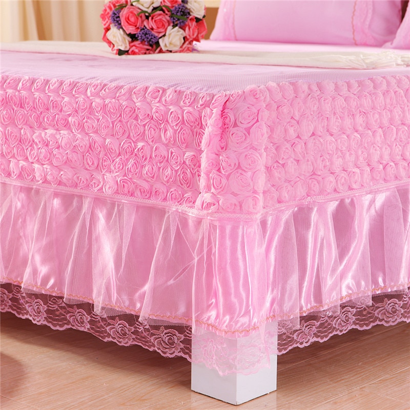 Couvre-lit matelassé en dentelle rose, jupe de lit, solide, taie d'oreiller, différentes tailles disponibles # sw