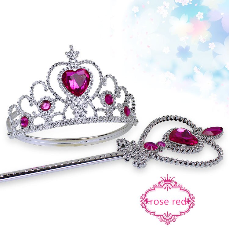 Girls 2 piece/Set Princess Tiara Accessories Children Diamond Crowns + Magic Wands girl Christmas Party festival: rose red