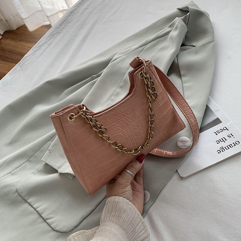 female bag small bag Korean texture wild crocodile pattern shoulder bag net red envelope chain handbag: pink