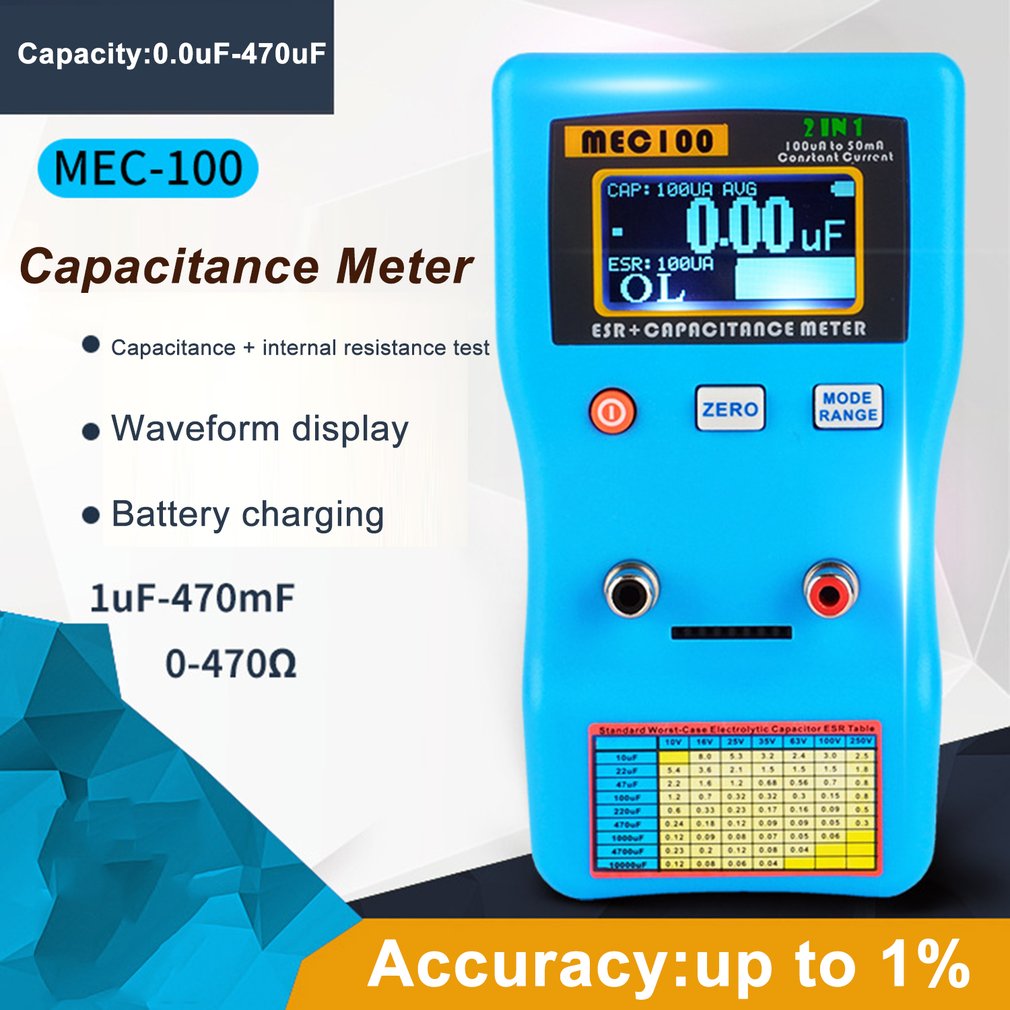 MEC-100 Digital Display Capacitor Meter High Precision Autoranging Electrolytic Capacitance Resistance Meter ESR Tester