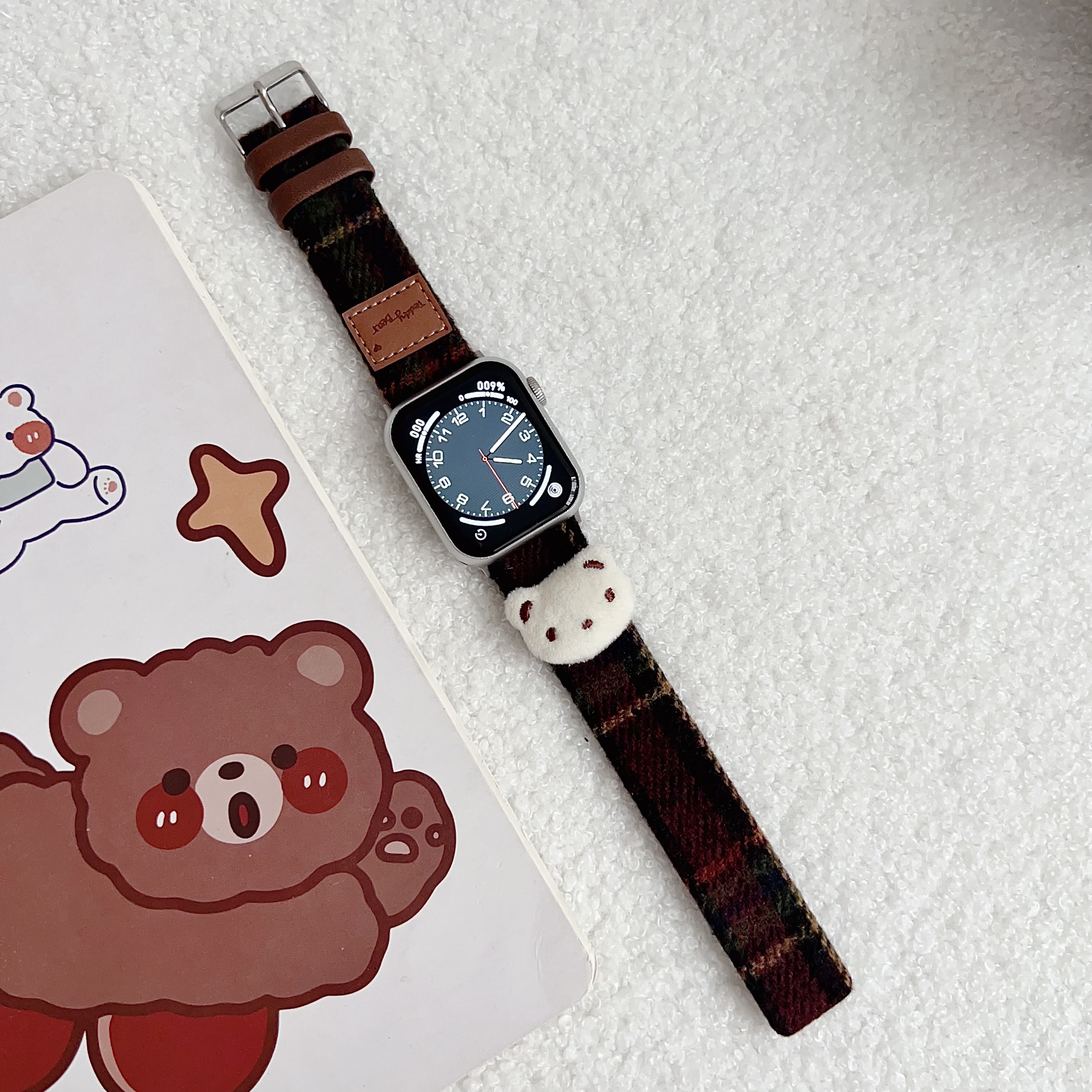 Leren band voor Apple Watch Band Meisjes Schattige beer Armbandketting met Iwatch9876SE Ultra40 41 44 45 mm Dames Pluche Doek Pols: S / Red black