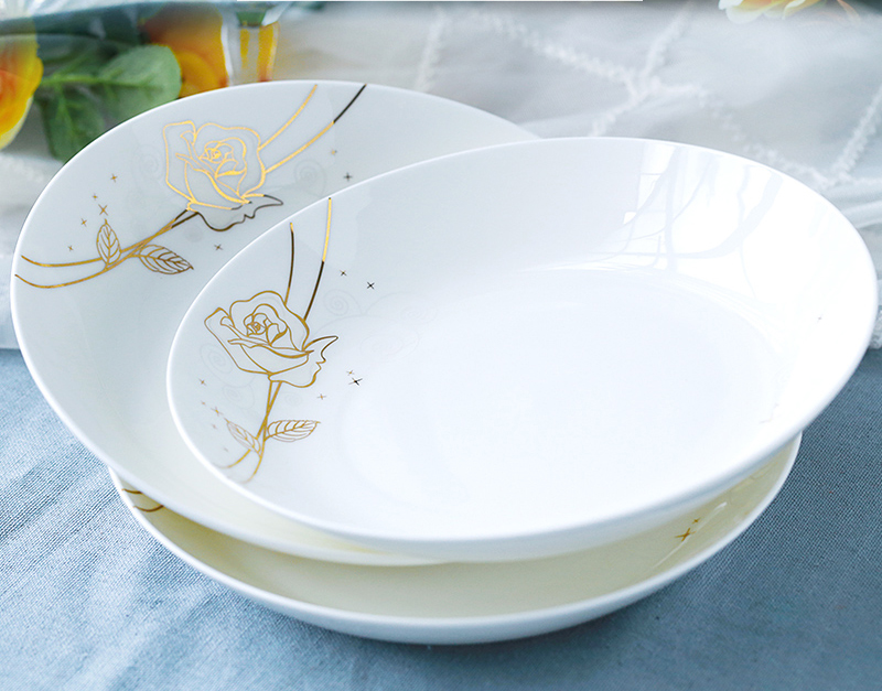 4pcs set, 8 inch, bone china dinner plates, golden rose, porcelain plates for food, ceramic dishes for serving, dinner plate set