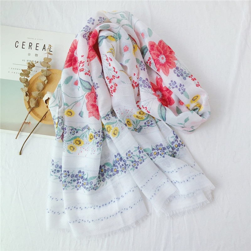 Kvinner vår sommer skjerf spania merke luksus blomster viskose skjerf pakke inn hals snood pashmina foulards hijab muslimsk cachecol