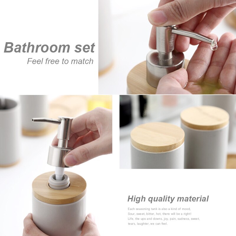 Ceramic Bamboo Bathroom Tumblers Mouth Cup Toothpaste Toothbrush Holder Soap Dispenser Kitchen Dishwashing Liquid Container
