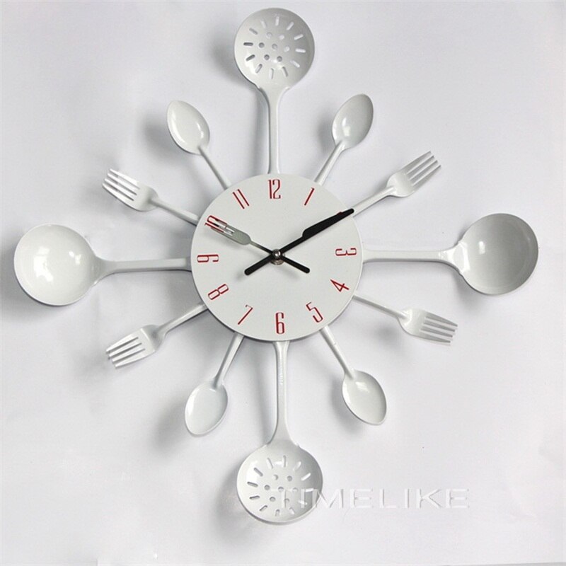 Cutlery Kitchen Clock Wall Copper Metal Spoon Fork Wall Decor Clocks Modern Art Horloge 3d Wall Clock 2022: white